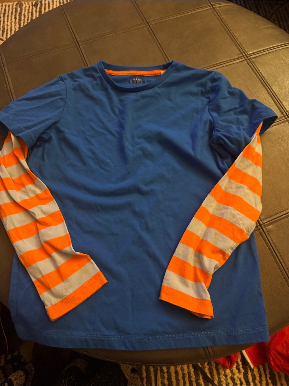 Mini Boden Blue Tee with Orange and Light Gray Striped Sleeves